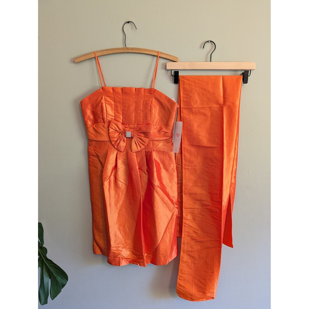 Vintage Y2K Orange Bow Rhinestone Mini Dress‎ with Matching Wrap Set Small NEW